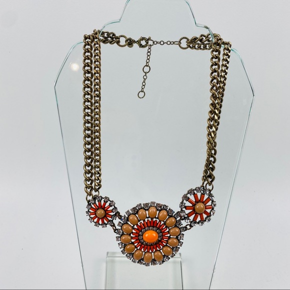 J. Crew Orange Red Gold Burst Statement Necklace - Picture 2 of 6